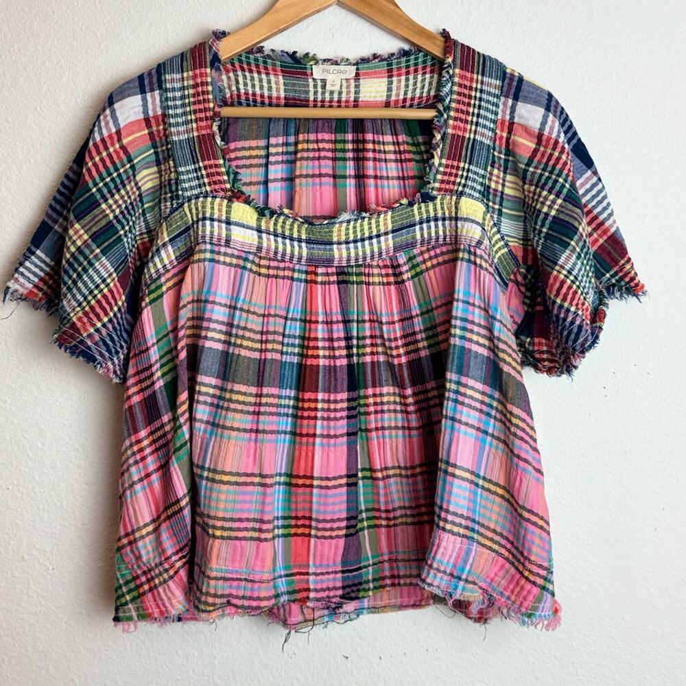 Pilcro Madras Plaid Babydoll Top S Frayed Hem Puff Sleeve Square Neck Y2K Boho